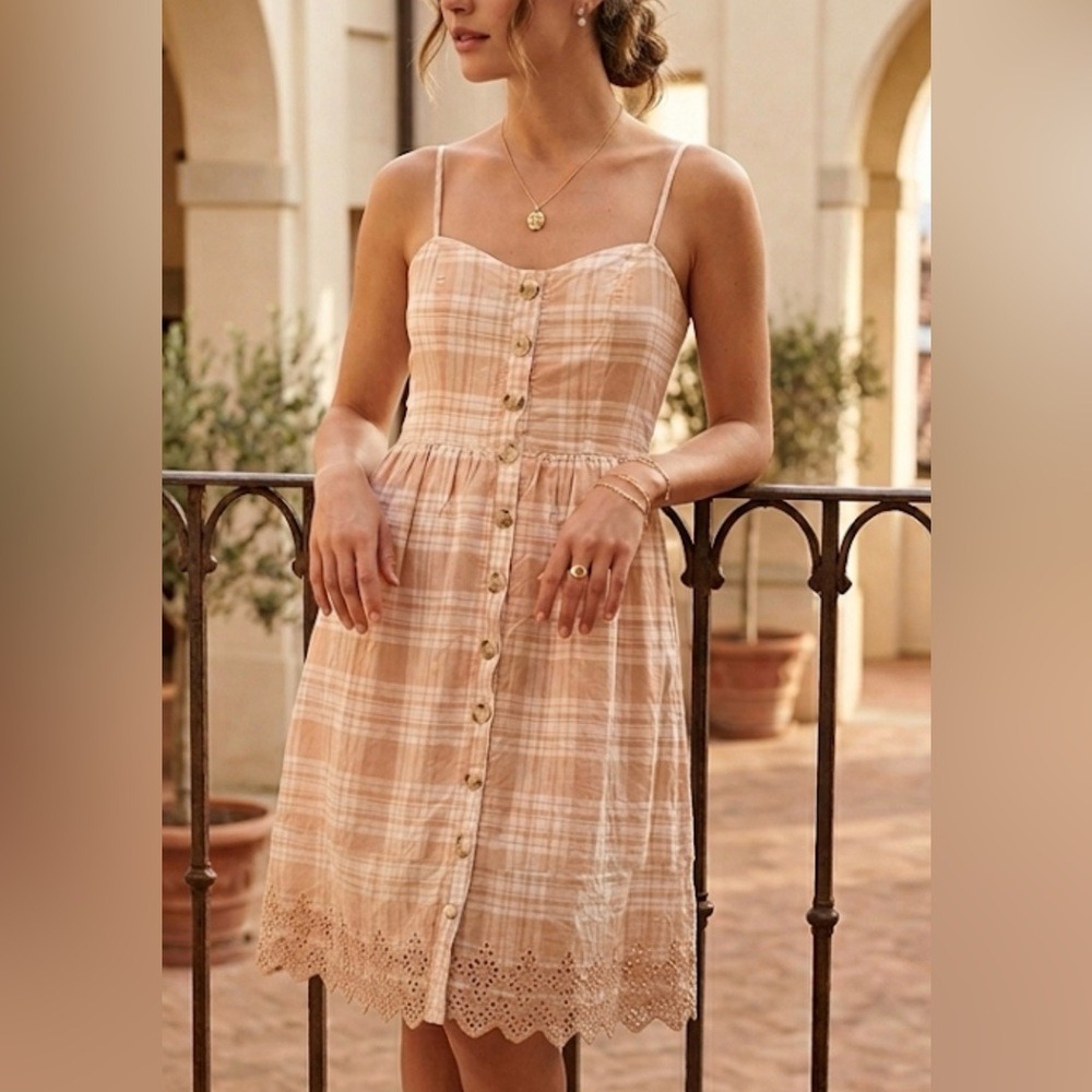 Harper Heritage Luca F51‎ Peach Plaid Eyelet Lace Hem Mini Dress XS Smocked Back